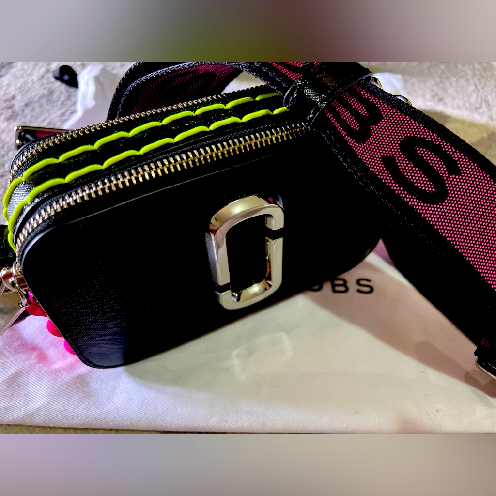 Marc Jacobs Black Crossbody Camera Bag With Neon Yellow And Pink Accents